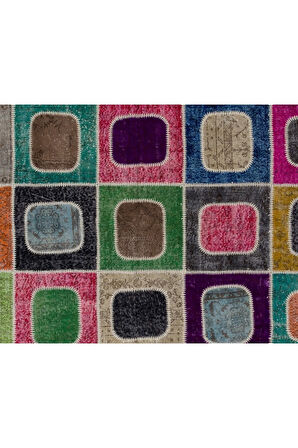 244x305 Cm Çok Renkli Modern El Dokuması Kare Desenli Modern Patchwork Halı