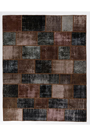 244x305 cm El Dokuması Patchwork Halı, Koyu Tonlarda Anadolu Halısı,, Çok Renkli Peçvörk