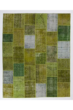 244x305 Cm Yeşil Tonlarda El Dokuması Patchwork, Otantik, Modern El Yapımı Peçvörk Halı