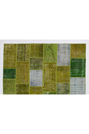 244x305 Cm Yeşil Tonlarda El Dokuması Patchwork, Otantik, Modern El Yapımı Peçvörk Halı