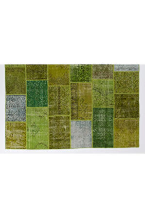 244x305 Cm Yeşil Tonlarda El Dokuması Patchwork, Otantik, Modern El Yapımı Peçvörk Halı