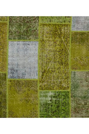 244x305 Cm Yeşil Tonlarda El Dokuması Patchwork, Otantik, Modern El Yapımı Peçvörk Halı