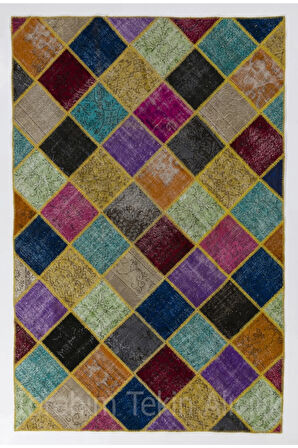 200x300 cm Çok Renkli Patchwork Halı, El Dokuma Peçvörk, Geometric Halı