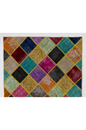 200x300 cm Çok Renkli Patchwork Halı, El Dokuma Peçvörk, Geometric Halı