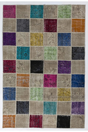 200x300 cm Çok Renkli El Dokuması Patchwork Halı, Geometrik Desenli Patchwork