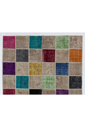 200x300 cm Çok Renkli El Dokuması Patchwork Halı, Geometrik Desenli Patchwork