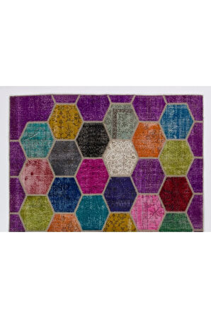 213x305 cm Çok Renkli El Dokuması Patchwork Halı, Otantik Renkli Halı, Renkli Peçvörk