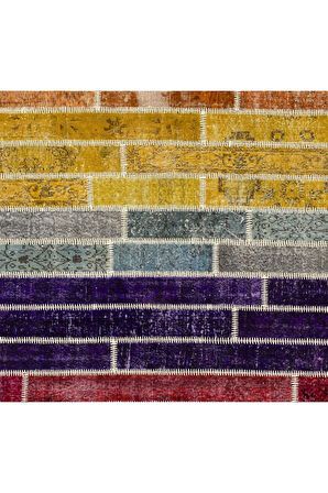 200x300 Cm Çok Renkli El Dokuması Patchwork Halı, Gökkuşağı Desenli El Yapımı Yünlü Peçvörk Halı