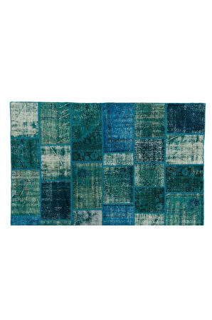 244x305 cm Mavi Tonlarda El Dokuması Patchwork Halı, Otantik Renkli Halı