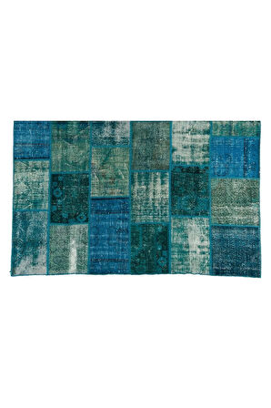 244x305 cm Mavi Tonlarda El Dokuması Patchwork Halı, Otantik Renkli Halı
