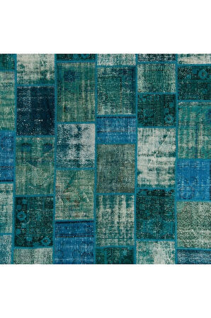 244x305 cm Mavi Tonlarda El Dokuması Patchwork Halı, Otantik Renkli Halı