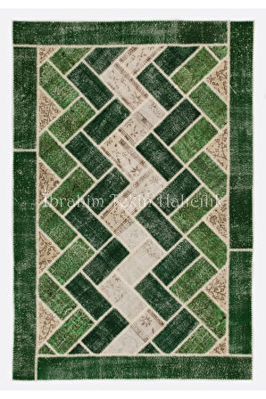 196x294 cm Yeşil Tonlarda El Dokuması Modern Patchwork, Geometrik Desenli Patchwork