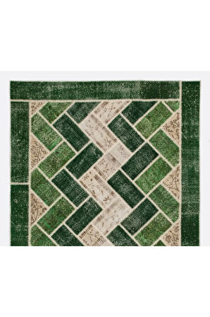 196x294 cm Yeşil Tonlarda El Dokuması Modern Patchwork, Geometrik Desenli Patchwork
