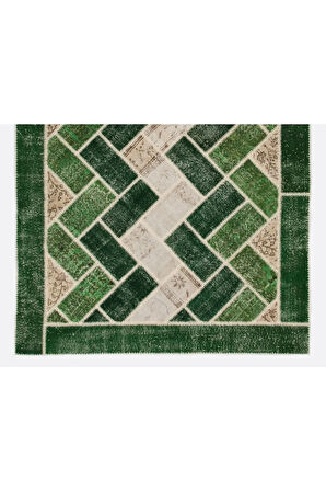 196x294 cm Yeşil Tonlarda El Dokuması Modern Patchwork, Geometrik Desenli Patchwork