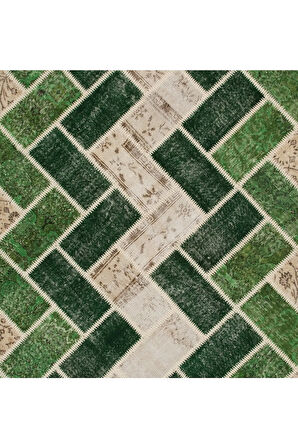 196x294 cm Yeşil Tonlarda El Dokuması Modern Patchwork, Geometrik Desenli Patchwork