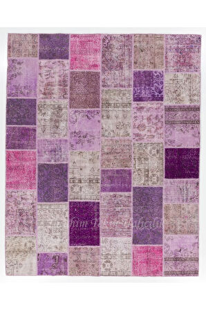 244x305 cm Mor Ve Pembe Renkli El Dokuması Patchwork Halı, Modern Halı