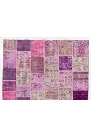 244x305 cm Mor Ve Pembe Renkli El Dokuması Patchwork Halı, Modern Halı