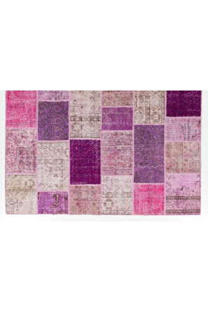 244x305 cm Mor Ve Pembe Renkli El Dokuması Patchwork Halı, Modern Halı