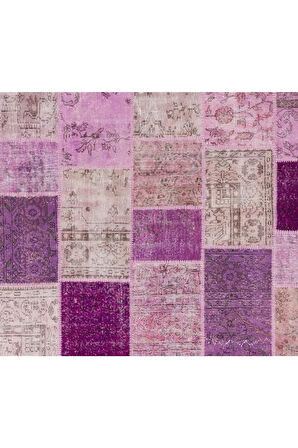 244x305 cm Mor Ve Pembe Renkli El Dokuması Patchwork Halı, Modern Halı