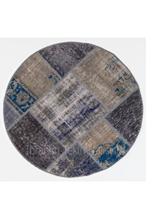 120x120 cm Koyu Tonlarda El Dokuması Yuvarlak Patchwork Halı