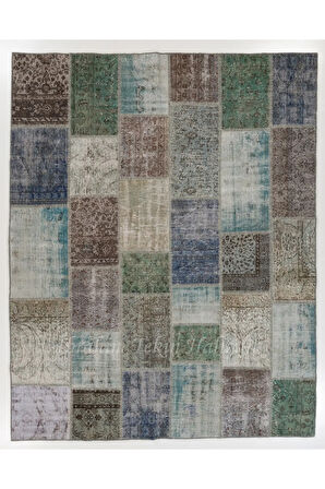 244x305 cm Koyu Tonlarda El Dokuması Patchwork Halı, Çok Renkli Anadolu Halısı
