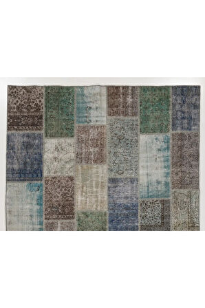 244x305 cm Koyu Tonlarda El Dokuması Patchwork Halı, Çok Renkli Anadolu Halısı