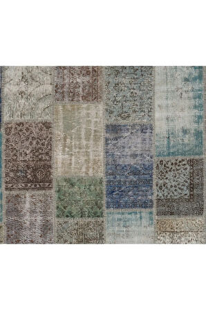 244x305 cm Koyu Tonlarda El Dokuması Patchwork Halı, Çok Renkli Anadolu Halısı