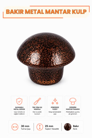 Mantar Düğme Kulp Bakır Metal 30 mm Çekmece Dolap Gardırop Mutfak Vestiyer Mobilya Kulpu Tek Vidalı Ergonomik Dekoratif Minimalist Tasarım 1 Adet