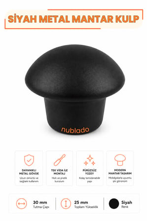 Mantar Düğme Kulp Mat Siyah Metal 30 mm Çekmece Dolap Gardırop Mutfak Vestiyer Mobilya Kulpu Tek Vidalı Ergonomik Dekoratif Minimalist Tasarım 1 Adet