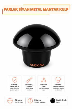 Mantar Düğme Kulp Parlak Siyah Metal 30 mm Çekmece Dolap Gardırop Mutfak Vestiyer Mobilya Kulpu Tek Vidalı Ergonomik Dekoratif Minimalist Tasarım 1 Adet