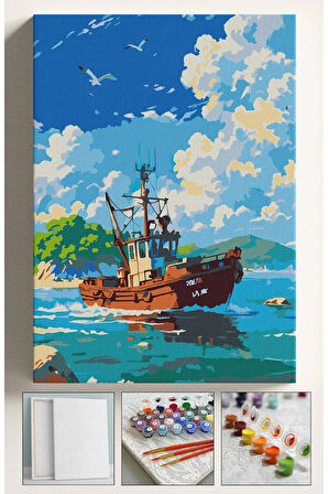 Sayılarla Boyama Çerçeveli Hobi Seti Numaralı Tuval Fırça Boya Dahil Kasnaklı TEKNE 40X50 Cm