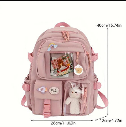 Büyük Boy Okul Çantası Rozetli Peluşlu Çok Cepli
