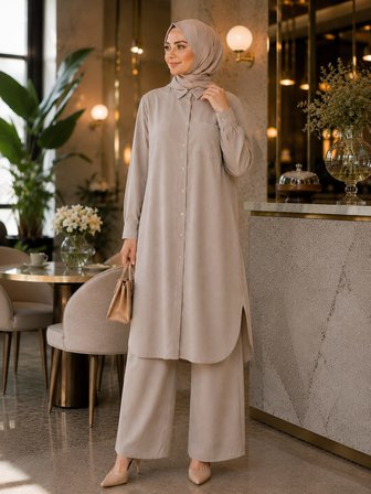 Premium %100 Tensel Kumaş İkili Tesettür Takım | Ekru-Mürdüm-Mavi