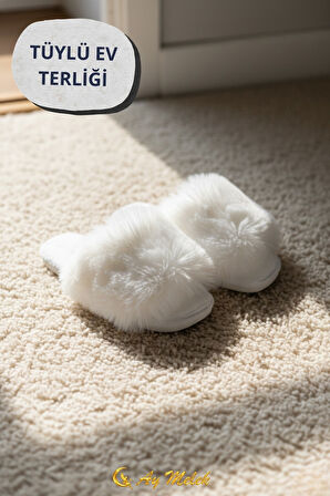 Kadın Ev Terliği Çeyizlik Gül Desenli Tüylü Yumuşak Peluş Terlik