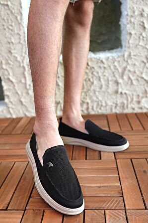 Terry Erkek Siyah Garantili Rahat Dikişli Esnek Hakiki Deri Detaylı Triko Loafer TERRY-7992