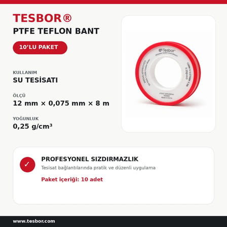  PTFE Teflon Bant Su İçin 12 mm x 0,075 mm x 8 m 10'lu Paket