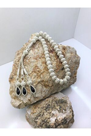 Siyah Zirkon Taşlı Gümüş Kazaziye Tesbih