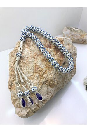 Mavi Zirkon Taşlı Mavi Detaylı Gümüş Kazaziye Tesbih