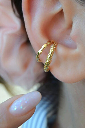 İki Sıralı Earcuff | Deliksiz Antik Kıkırdak Küpesi | Rodyum Kaplama Şık Model