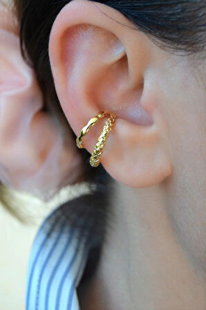 İki Sıralı Earcuff | Deliksiz Antik Kıkırdak Küpesi | Rodyum Kaplama Şık Model