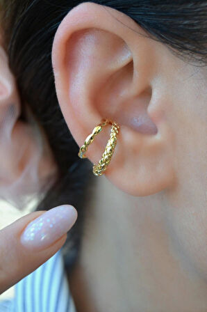 İki Sıralı Earcuff | Deliksiz Antik Kıkırdak Küpesi | Rodyum Kaplama Şık Model