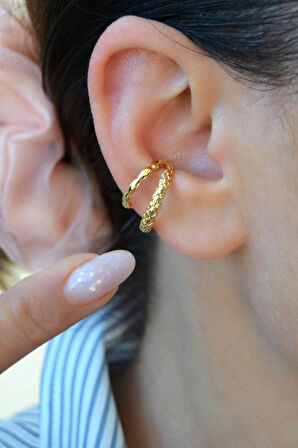 İki Sıralı Earcuff | Deliksiz Antik Kıkırdak Küpesi | Rodyum Kaplama Şık Model