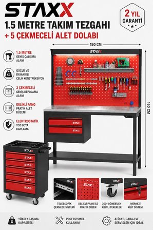 1.5 Metre 3 Çekmeceli Endüstriyel Takım Dolabı Tezgahı Atölye Çalışma Tezgahı + 5Çekmece Alet Dolabı