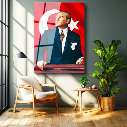 Tamperli Gerçek Cam Tablo Atatürk Ufka Bakış Atatürk Tablosu Duvar Dekoru