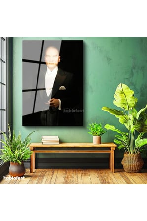 Tamperli Gerçek Cam Tablo Atatürk Siyah Smokin Atatürk Tablosu Duvar Dekoru
