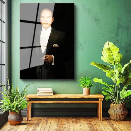 Tamperli Gerçek Cam Tablo Atatürk Siyah Smokin Atatürk Tablosu Duvar Dekoru