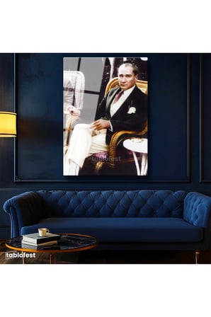Tamperli Gerçek Cam Tablo Atatürk Hasır Koltuk Atatürk Tablosu Duvar Dekoru