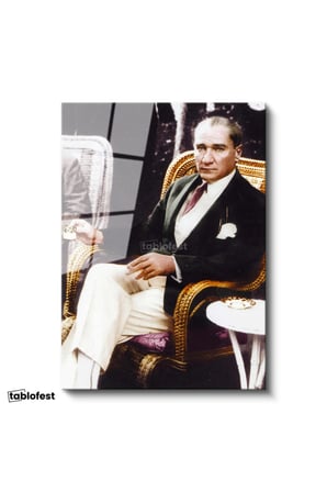 Tamperli Gerçek Cam Tablo Atatürk Hasır Koltuk Atatürk Tablosu Duvar Dekoru