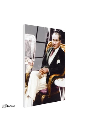 Tamperli Gerçek Cam Tablo Atatürk Hasır Koltuk Atatürk Tablosu Duvar Dekoru