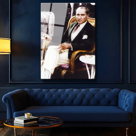 Tamperli Gerçek Cam Tablo Atatürk Hasır Koltuk Atatürk Tablosu Duvar Dekoru